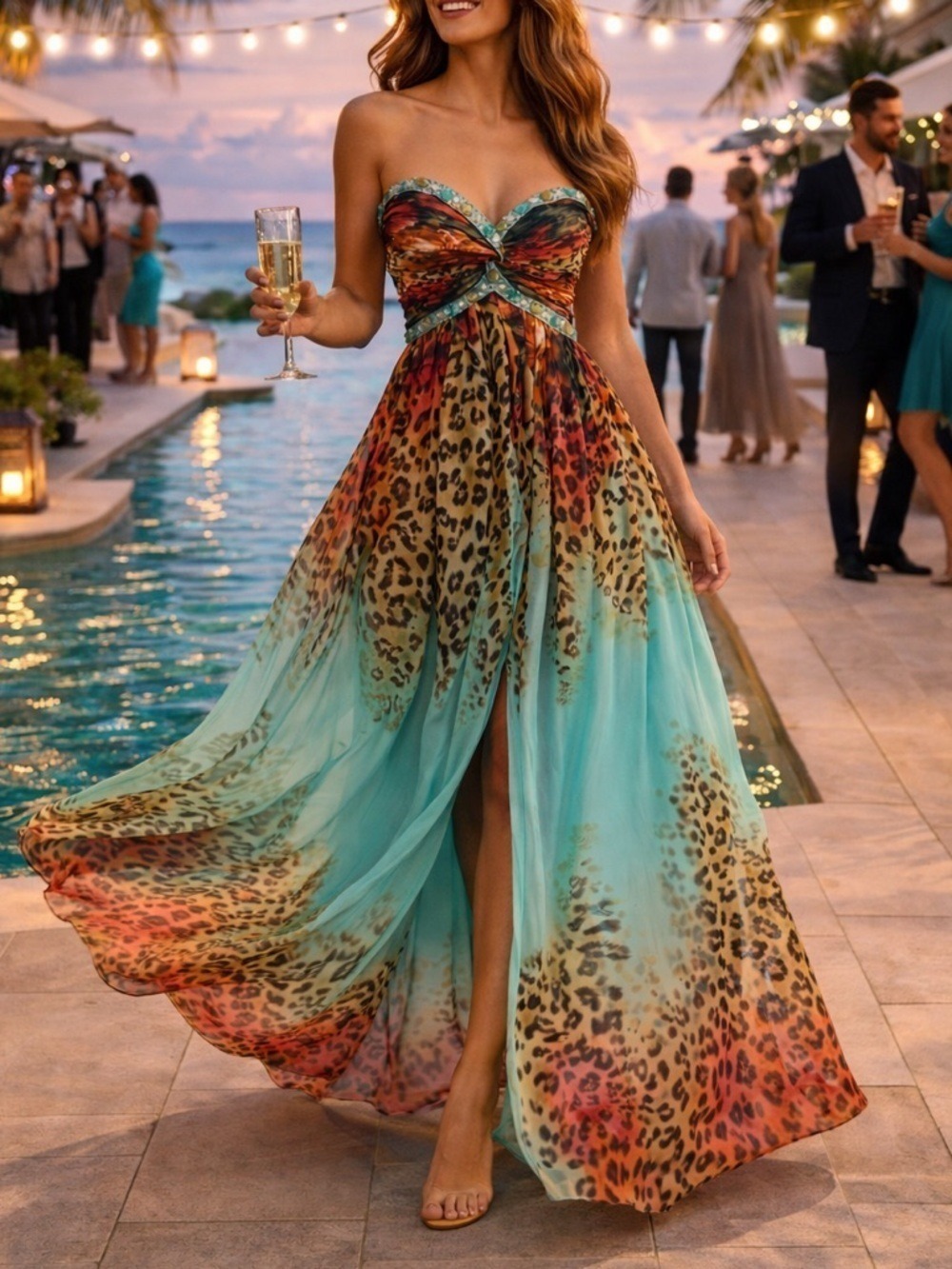 Tropical Strapless Chiffon Maxi Dress XS Jeweled Animal Print Wedding Guest EUC